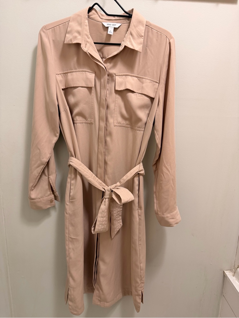 Nine West Blush/Taupe Midi Shirt Dress with Tie Waist